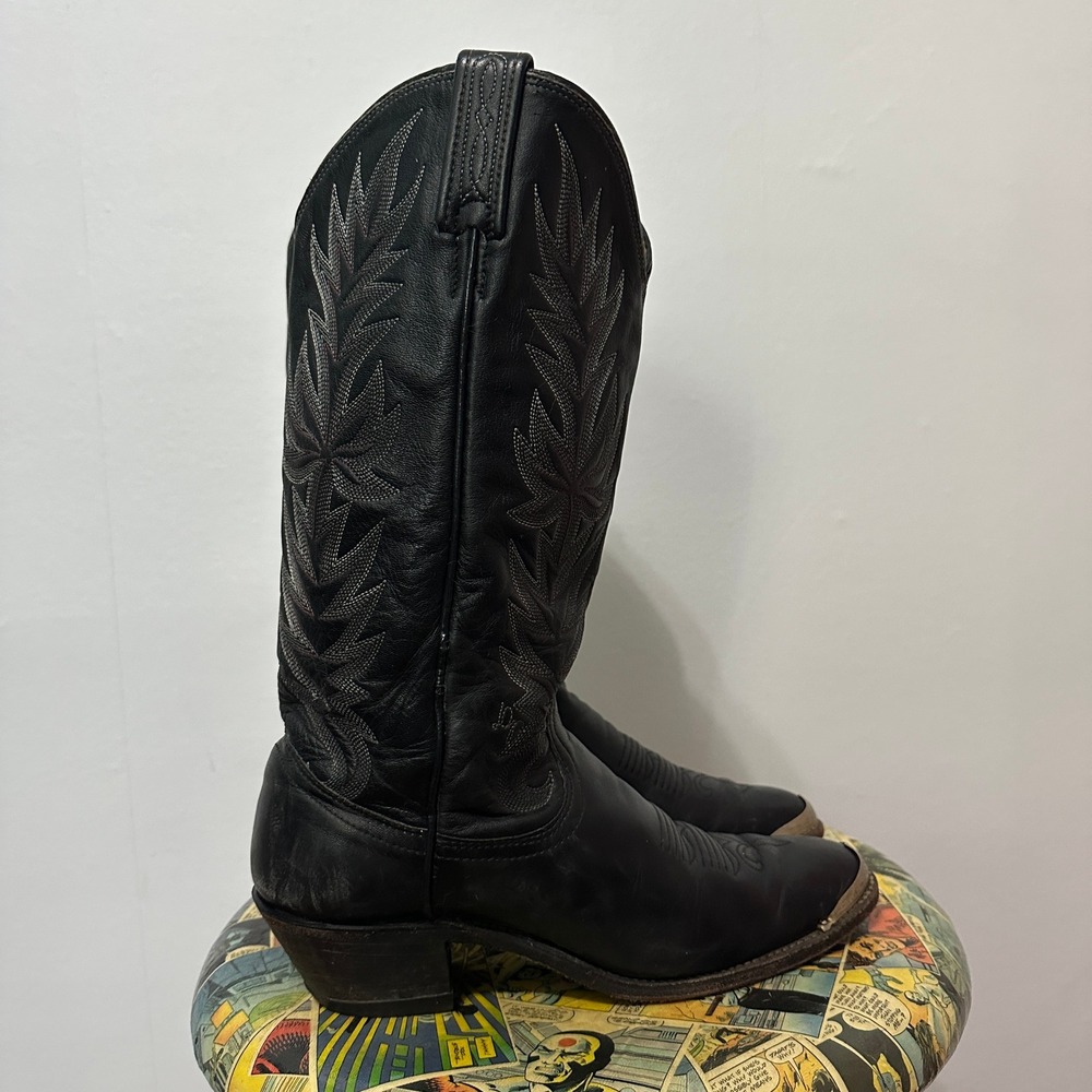 Dan Post Western Boots Mens 8 Black Leather Good Vintage Metal Toe Tips